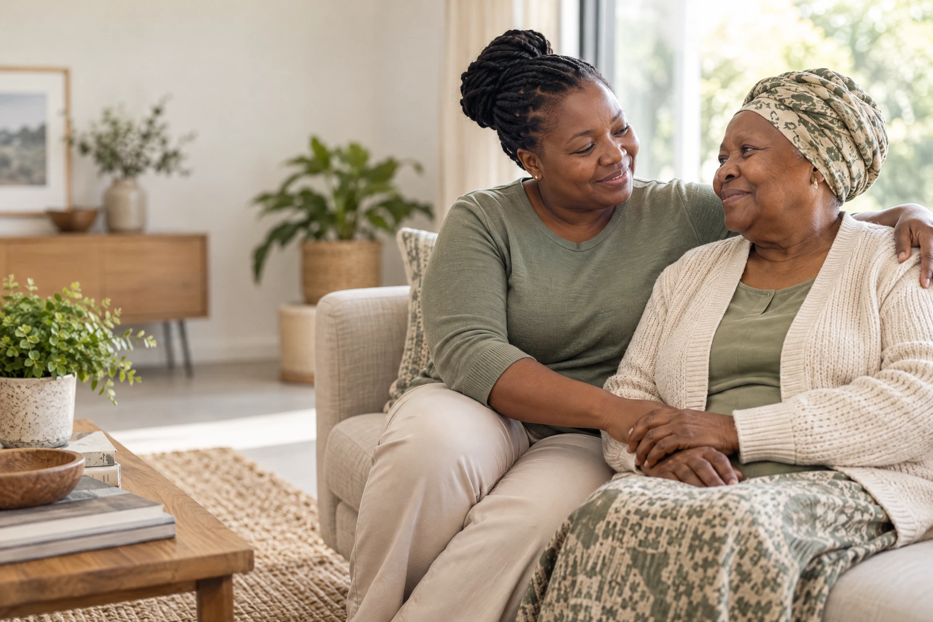 Caregiver supporting an older woman in a bright home