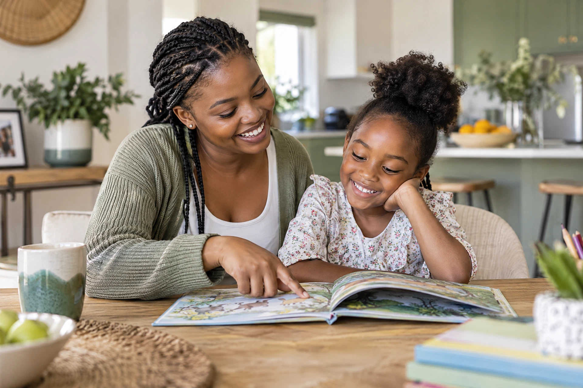 Au pair reading with a child at home